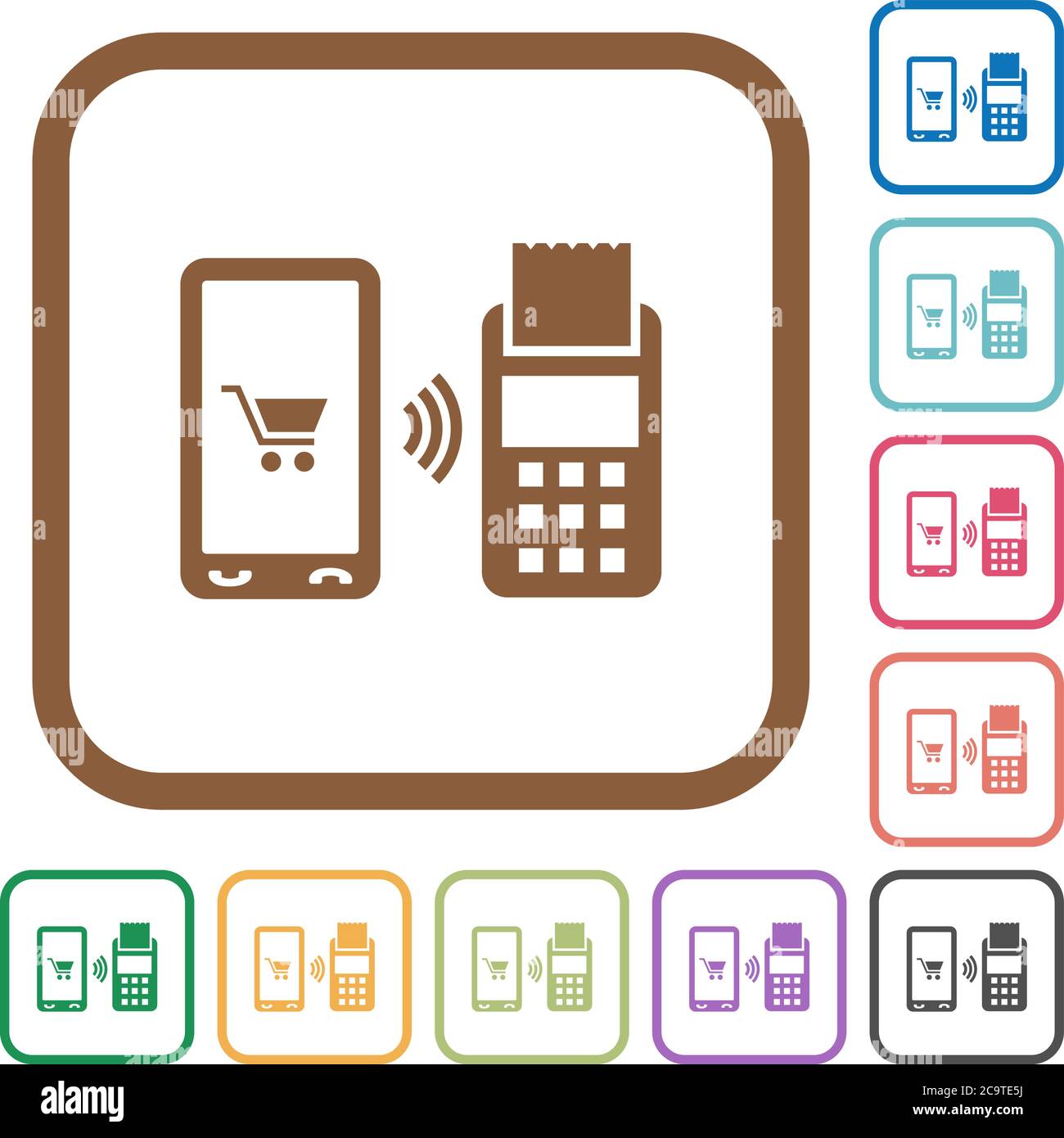 Mobile payment simple icons in color rounded square frames on white ...