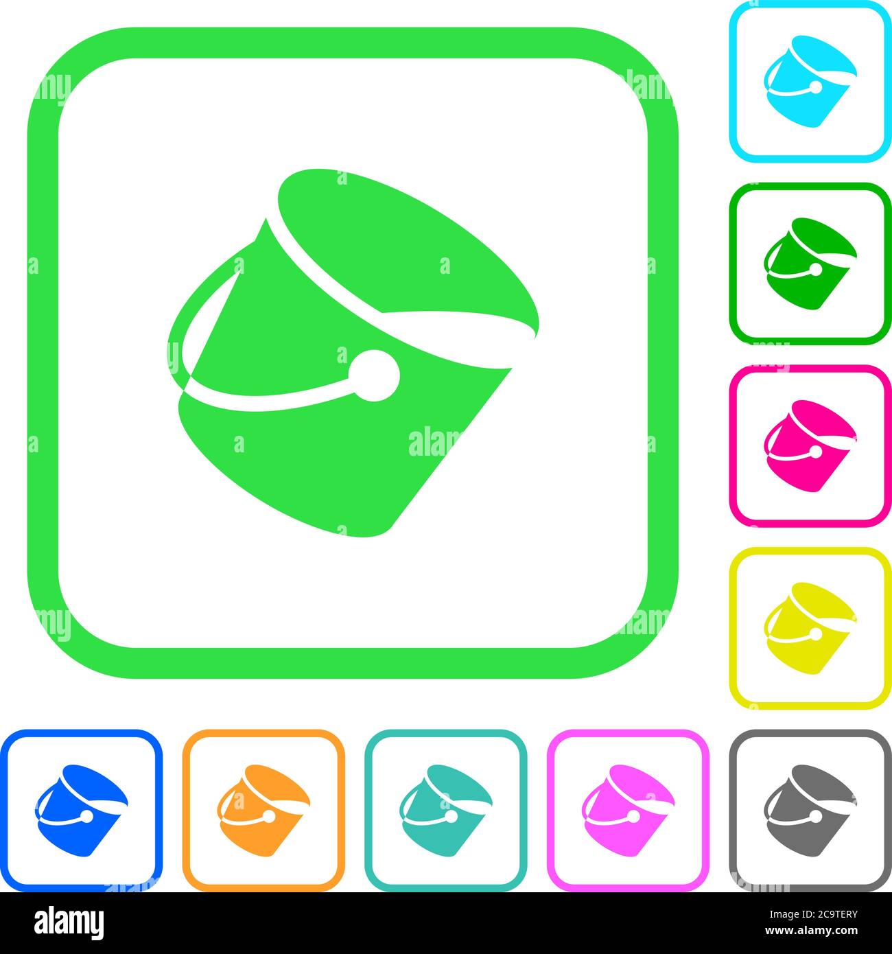 Paint bucket vivid colored flat icons in curved borders on white ...