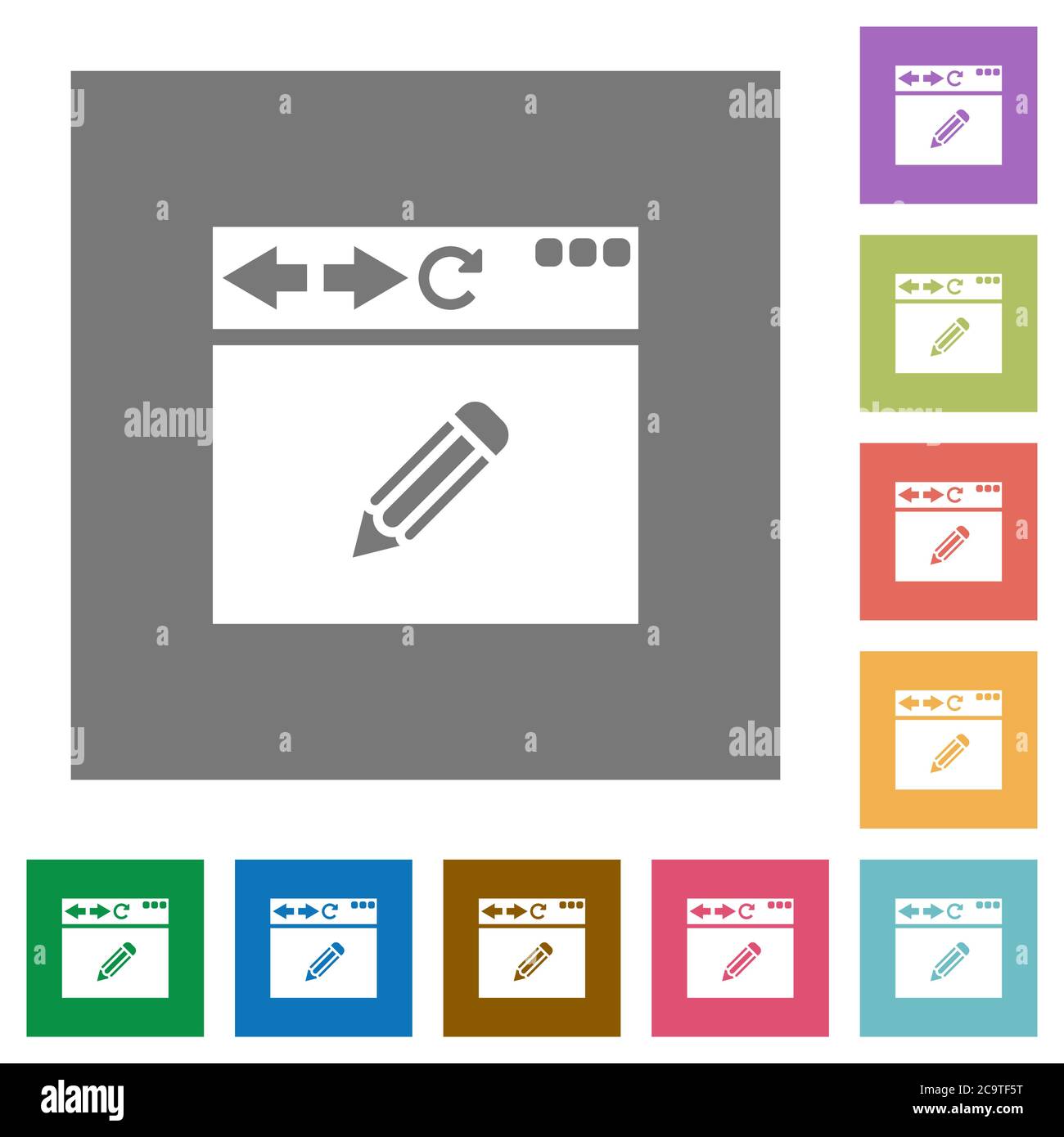 Browser edit flat icons on simple color square backgrounds Stock Vector