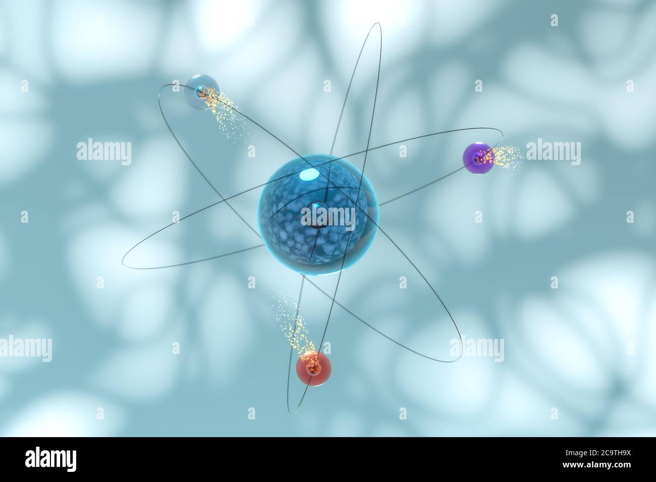 Atom spheres with blue organic background, 3d rendering. Computer digital drawing. Stock Photo