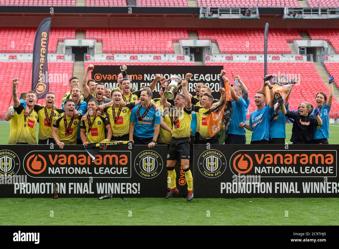 LONDON, UK. August 2nd 2020 - Harrogate Town celebrate after getting  promoted to the Football League during the Vanarama National League Playoff  Final between Notts County and Harrogate Town at Wembley Stadium,