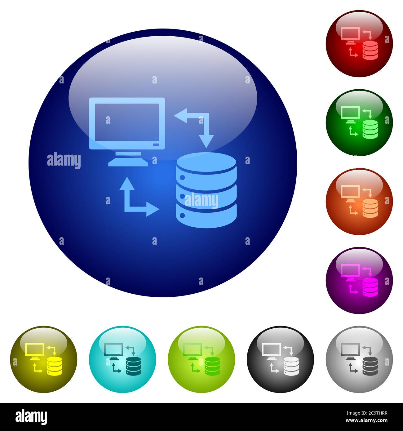Syncronize data with database icons on round color glass buttons Stock Vector