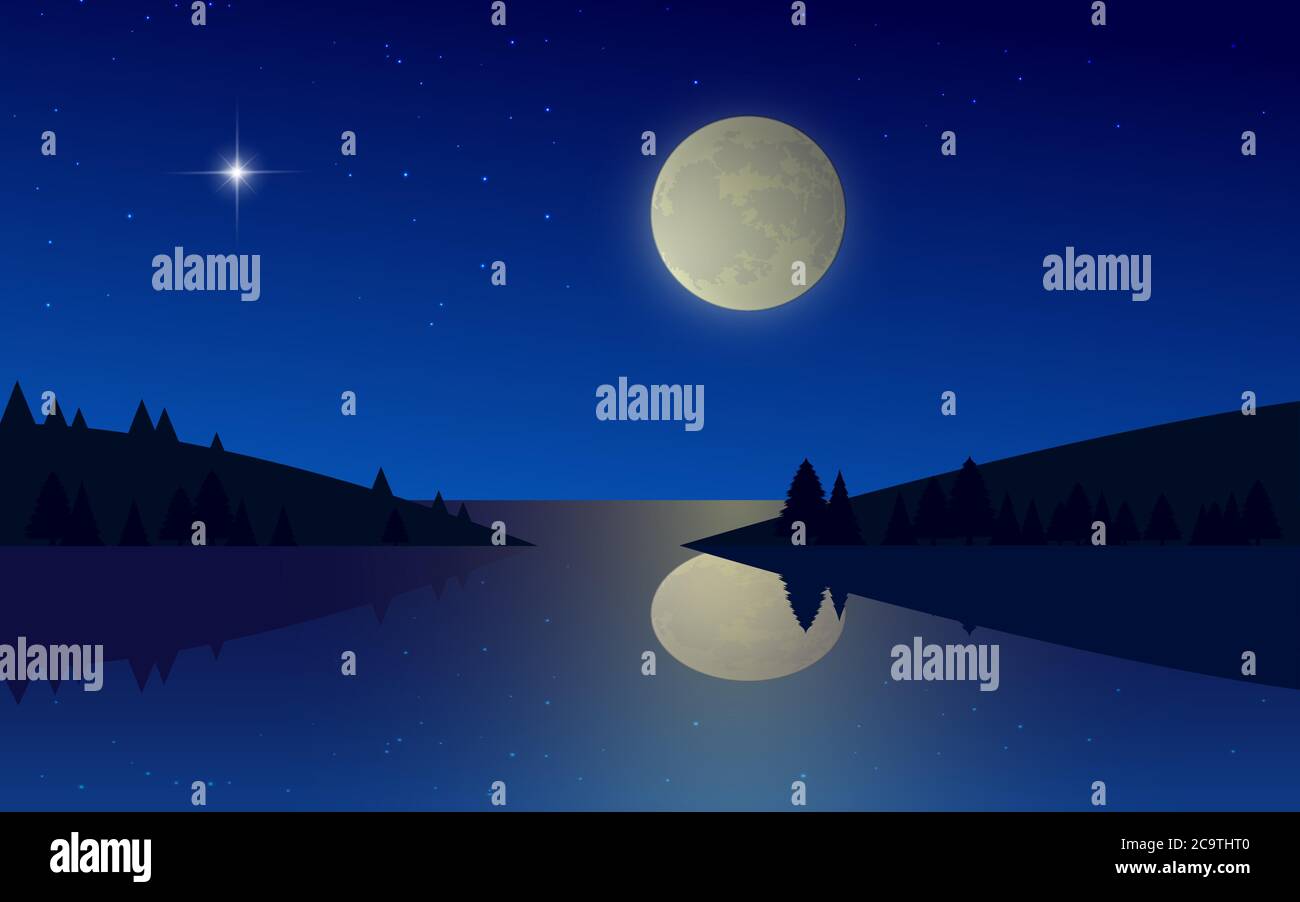 landscape of river in the full moon night Stock Vector