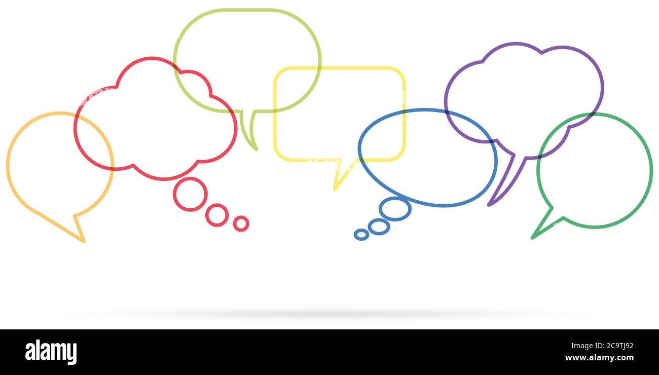 illustration of outlined colored speech bubbles in a row with space for text symbolizing communication process with white background Stock Vector