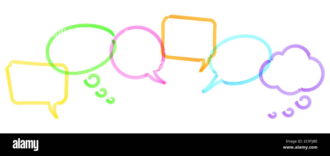 illustration of colored speech bubbles in a row drawn with highlighter symbolizing communication Stock Vector