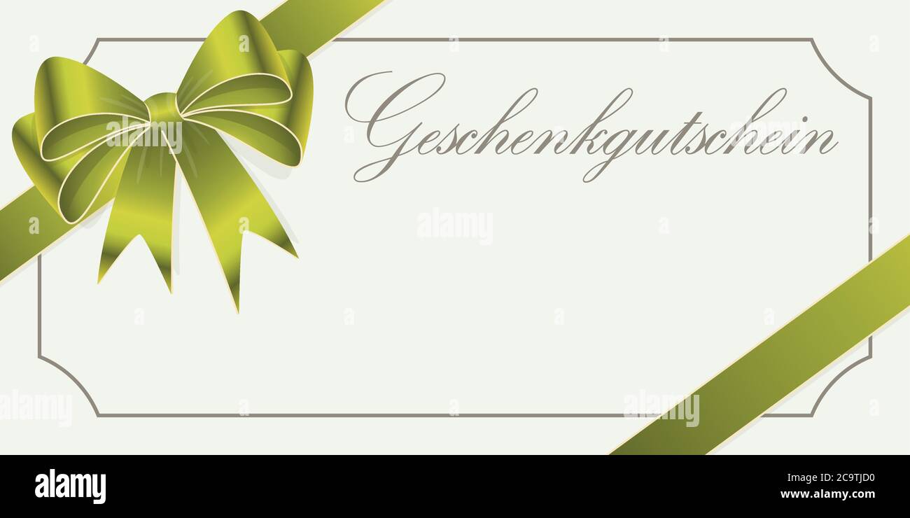 EPS 10 vector illustration of gift voucher (text in german) with green colored satin band and ribbon bow and free space for text Stock Vector