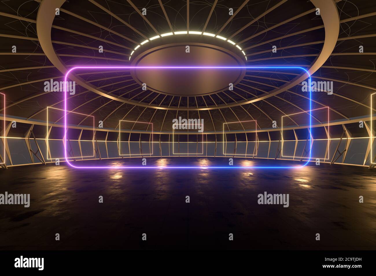 Round dark room with golden glowing frame inside, 3d rendering ...