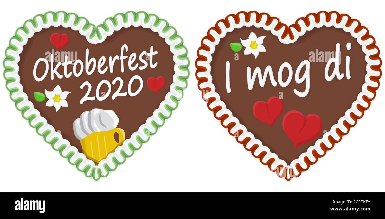 illustrated gingerbread heart with text in german for Oktoberfest time 2020 2021 Stock Vector