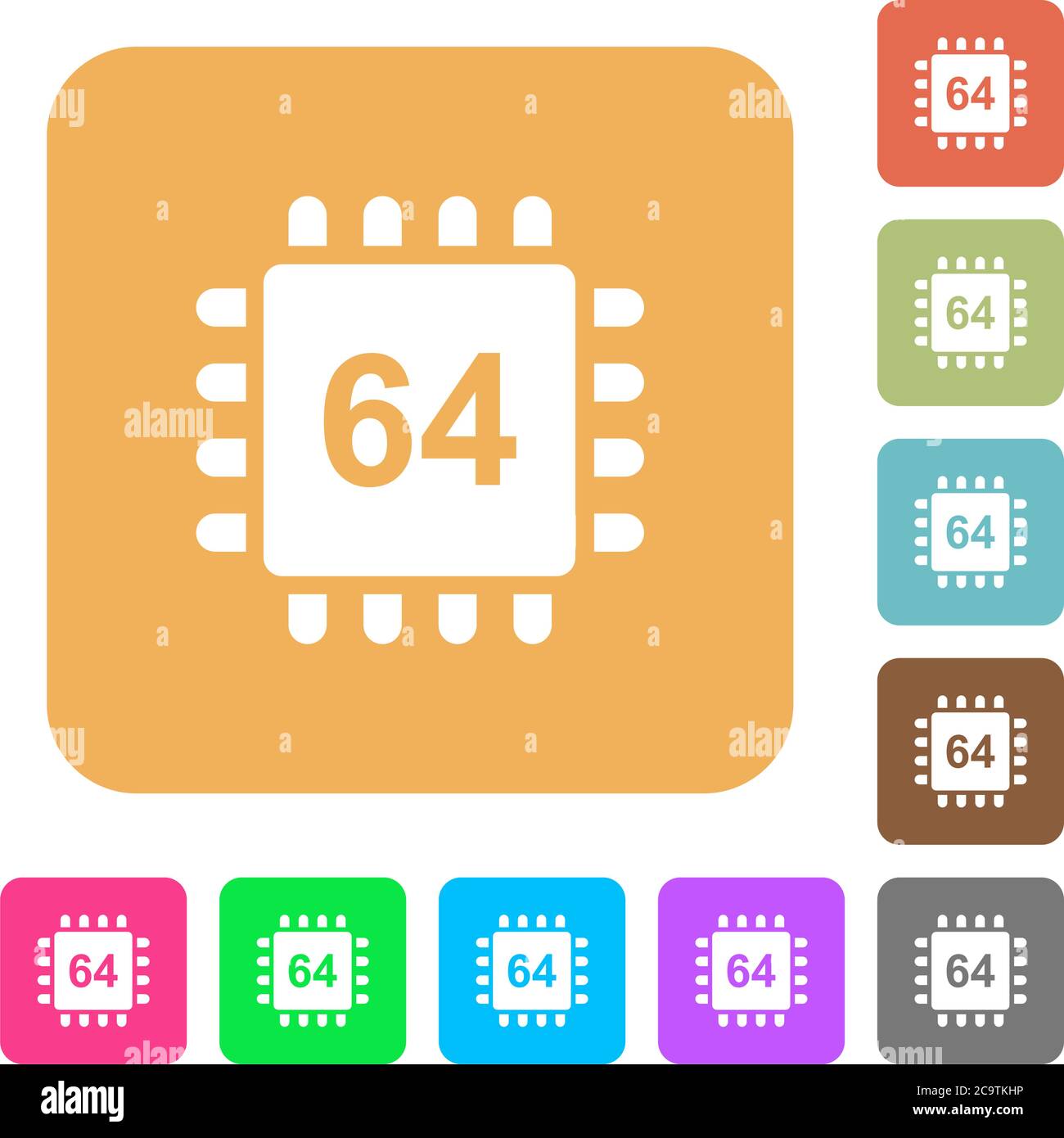 Microprocessor 64 bit architecture flat icons on rounded square vivid color backgrounds. Stock Vector