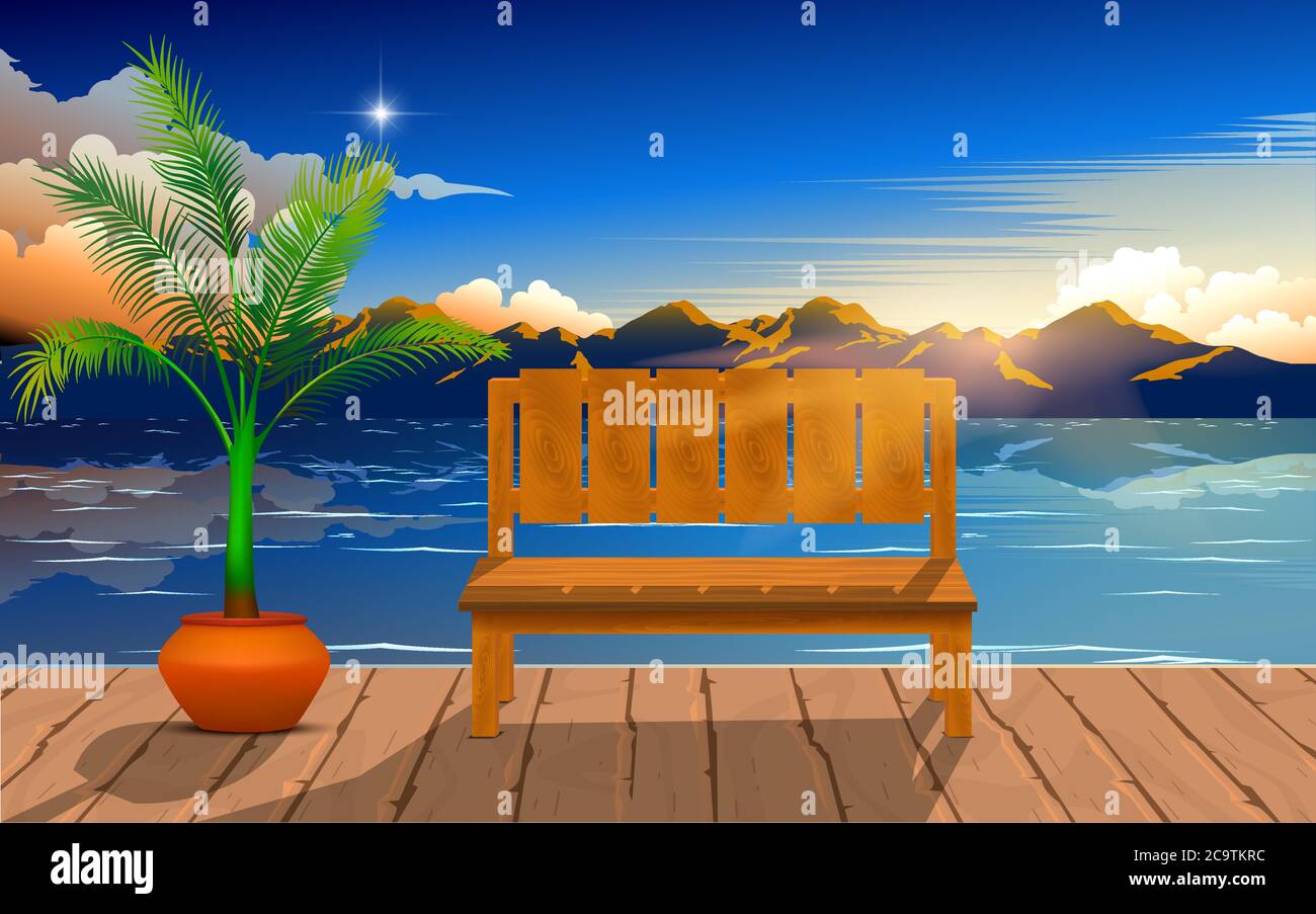 wooden chair on the wooden board on at the beach in the morning Stock Vector