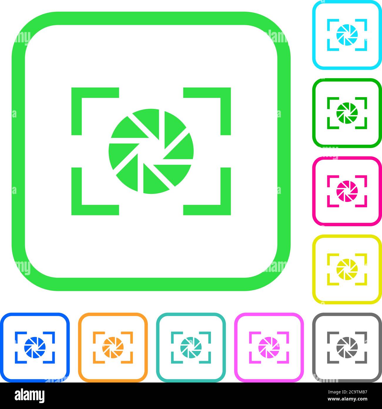 Camera aperture setting vivid colored flat icons in curved borders on ...