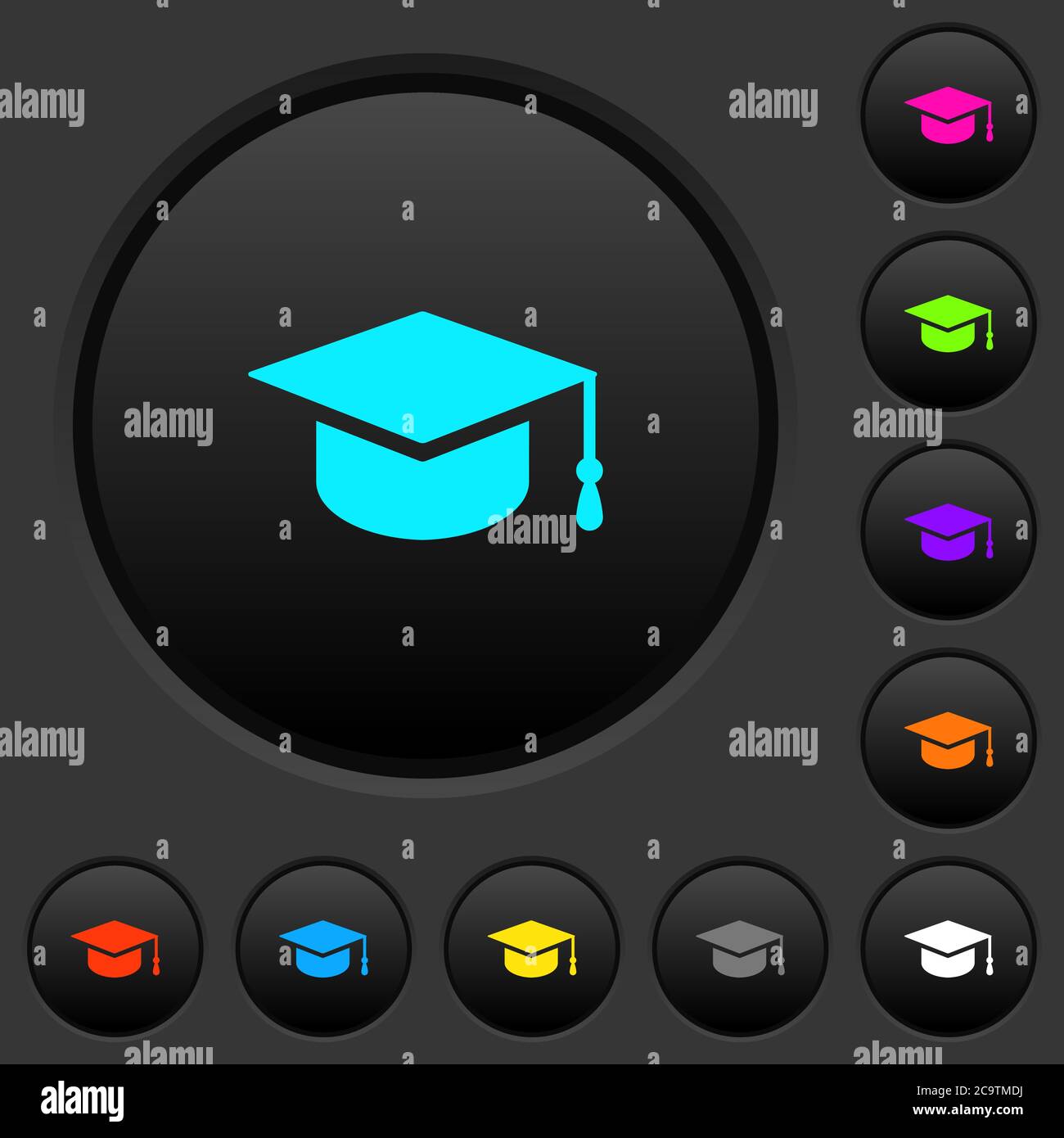 Graduation cap dark push buttons with vivid color icons on dark grey ...