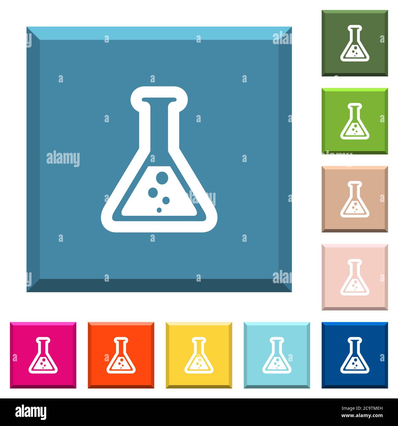 Flask with liquid white icons on edged square buttons in various trendy