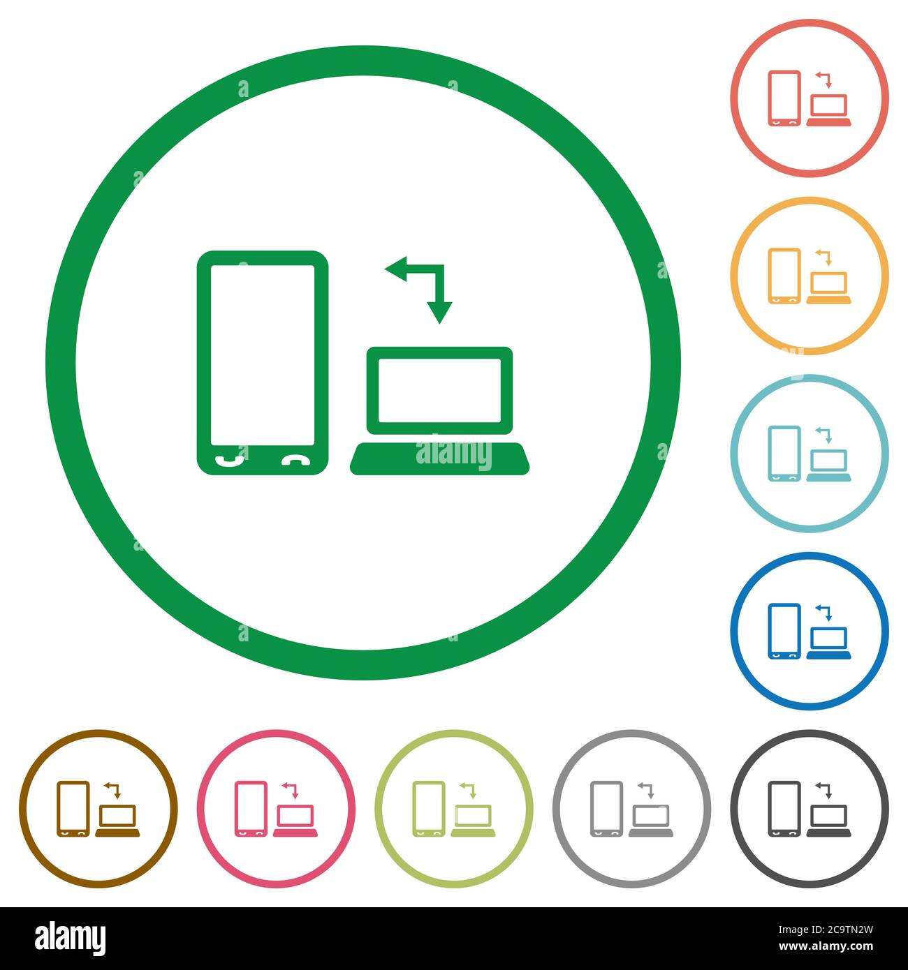 Syncronize mobile with computer flat color icons in round outlines on ...