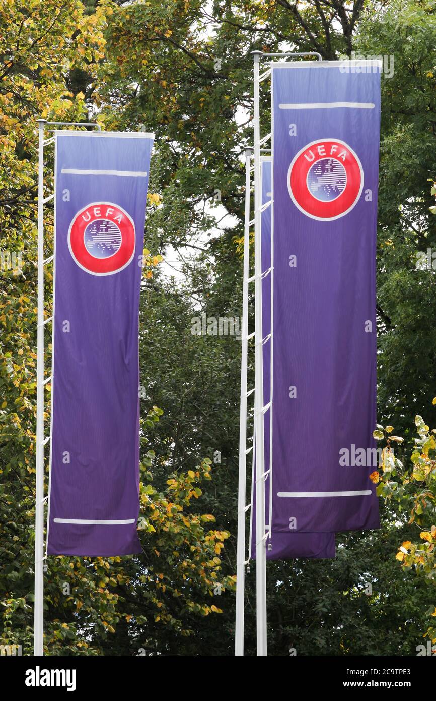 Nyon, Switzerland - October 1, 2017: UEFA flags. UEFA is the administrative body for association football in Europe Stock Photo