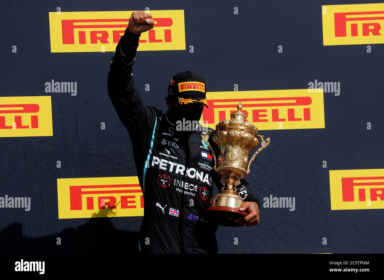 Race winner Lewis Hamilton of Mercedes celebrates after the 2020 British Grand Prix at Silverstone, Northamptonshire. Stock Photo