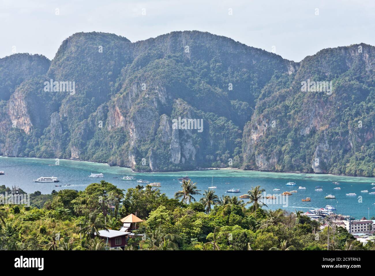 Beautiful Scenery with Palms and Mountains seen from Koh Phi Phi Viewpoint (Koh Phi Phi Don) on Koh Phi Phi Island, Thailand, Asia Stock Photo