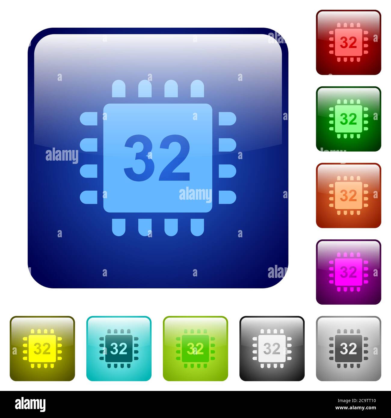 Microprocessor 32 bit architecture icons in rounded square color glossy button set Stock Vector