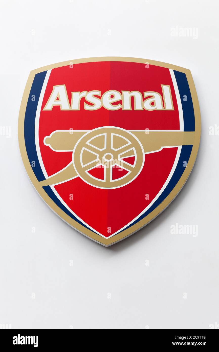 London, United Kingdom - September 25, 2019: Arsenal Football Club logo on a wall. Arsenal Football Club is a professional football club Stock Photo