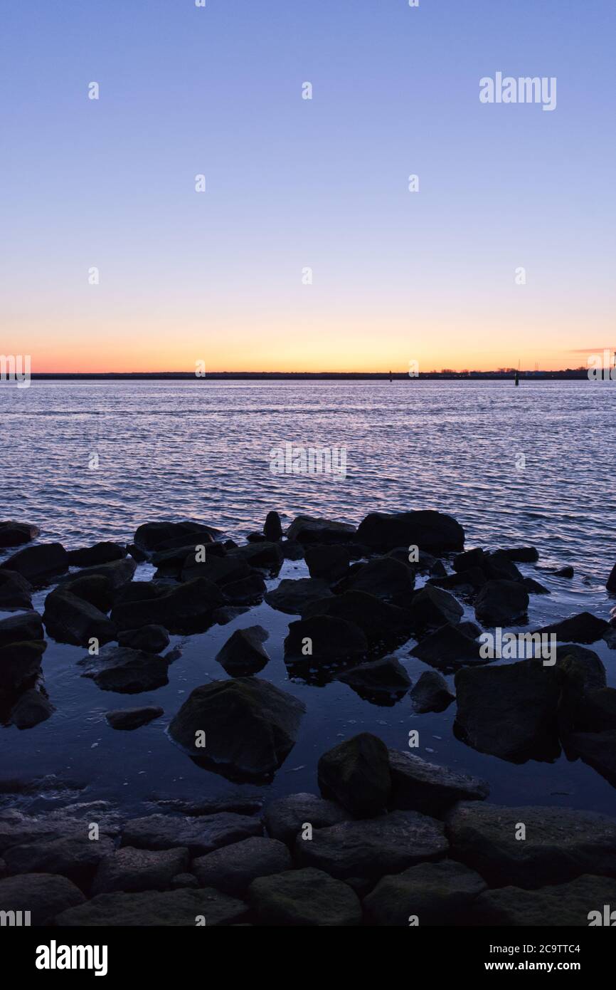 Warnemünde Harbor While Sunrise, Rostock, Baltic Sea, Mecklenburg Western Pomerania, Germany, Europe Stock Photo