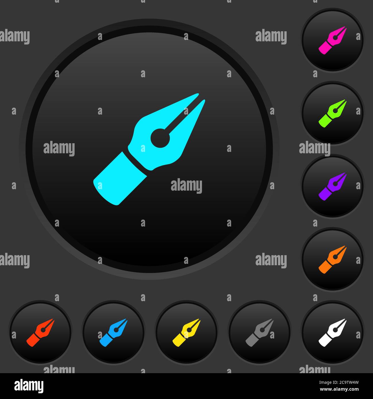 Vector pen dark push buttons with vivid color icons on dark grey ...