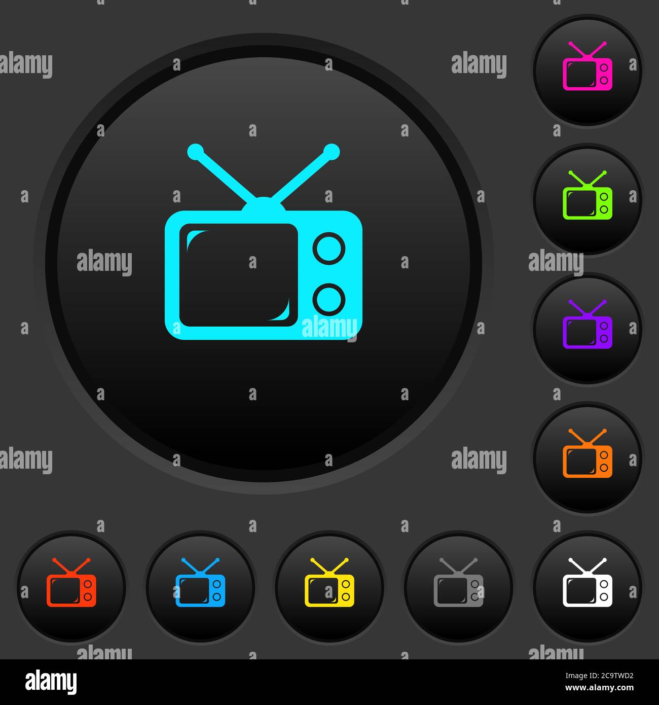 Vintage retro television dark push buttons with vivid color icons on ...