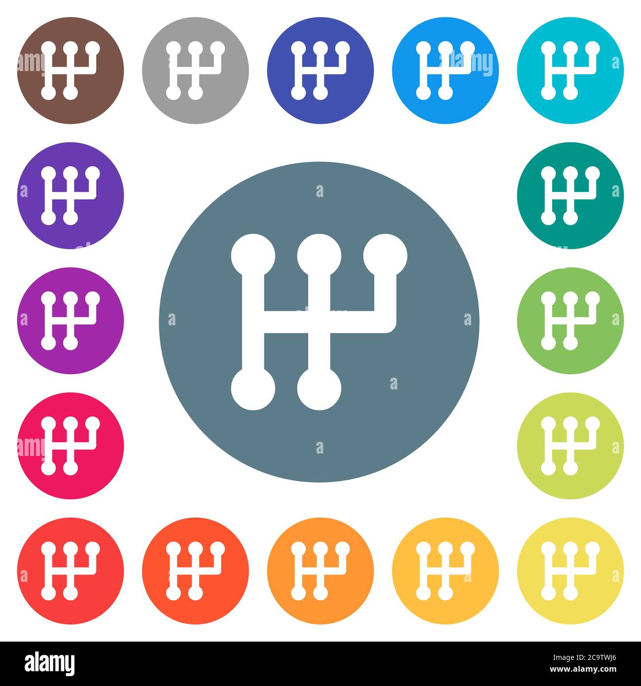 Manual shift flat white icons on round color backgrounds. 17 background ...