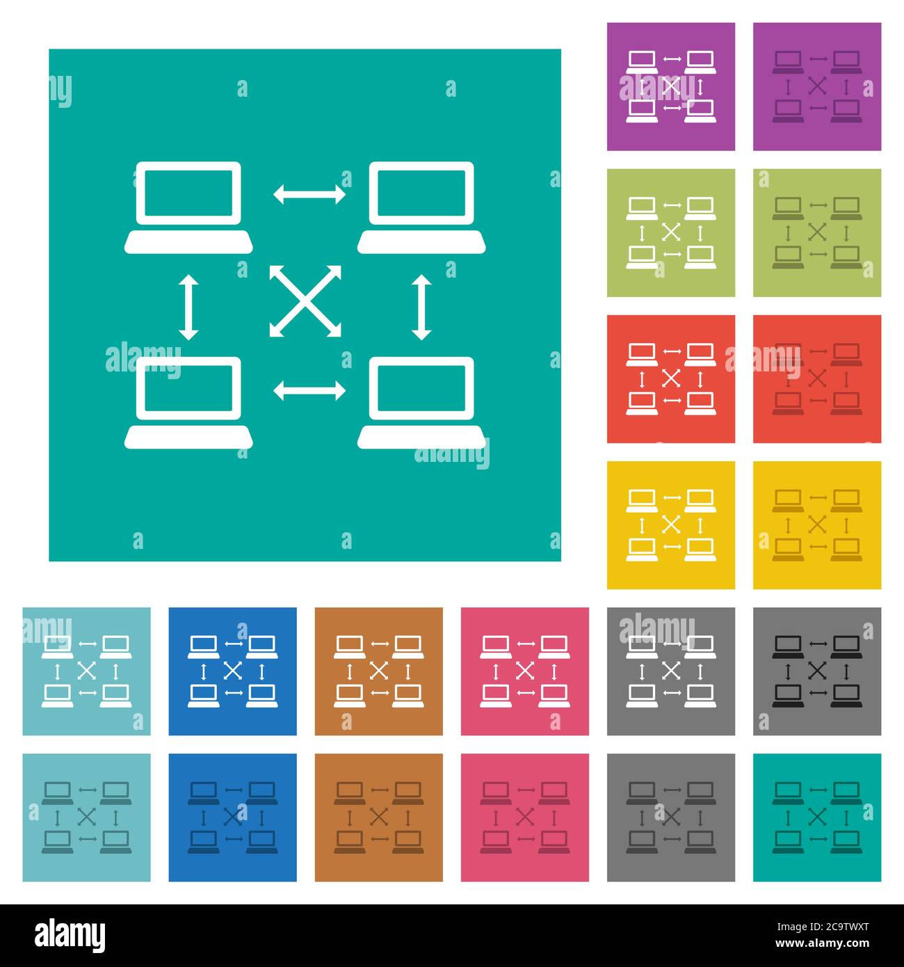 Content delivery network multi colored flat icons on plain square backgrounds. Included white and darker icon variations for hover or active effects. Stock Vector