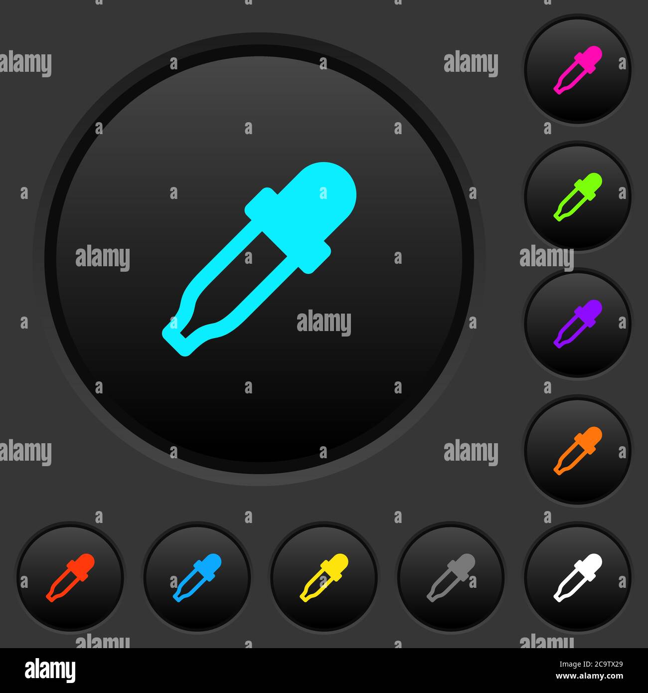 Color picker dark push buttons with vivid color icons on dark grey