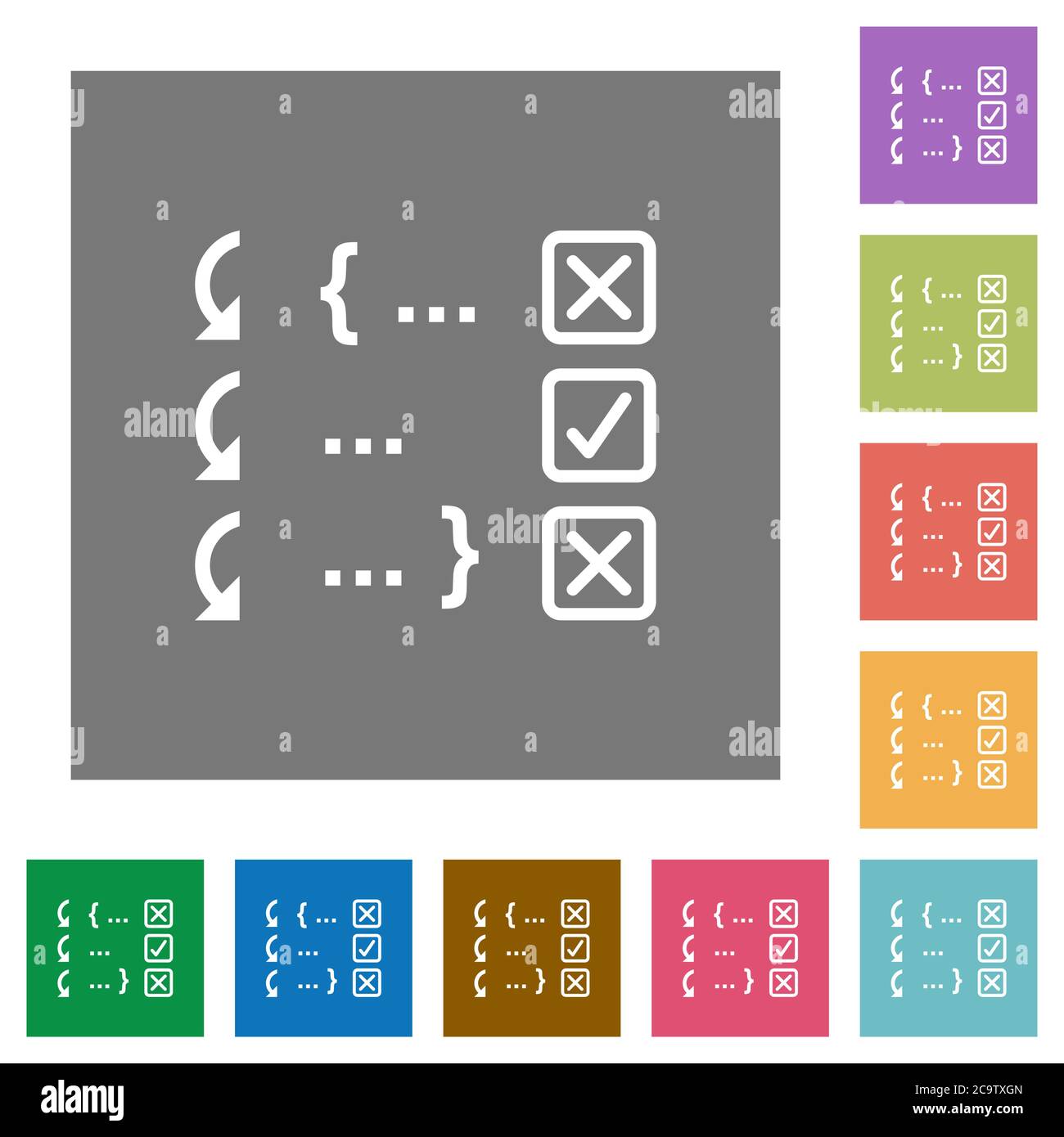 Debugging program flat icons on simple color square backgrounds Stock Vector