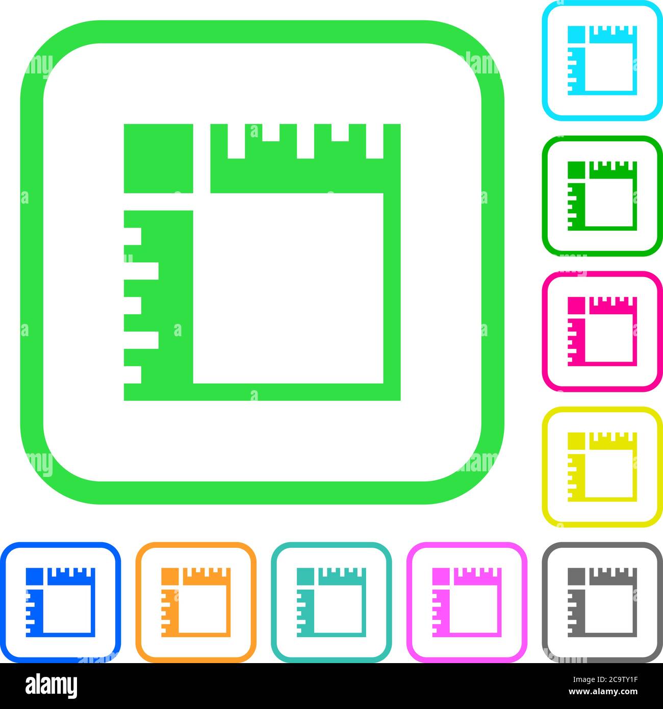 Canvas rulers vivid colored flat icons in curved borders on white ...