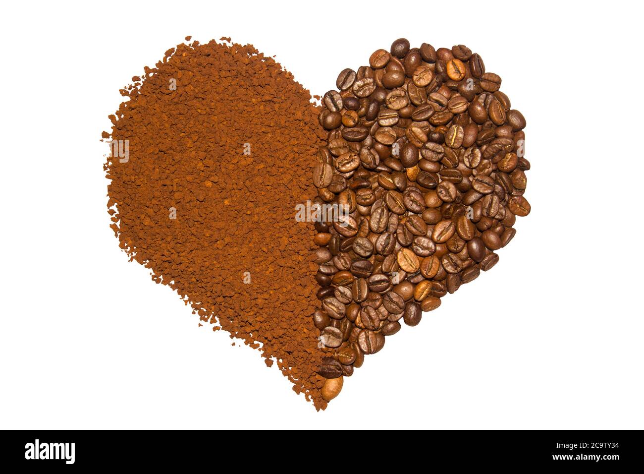 Double coffee heart made from beans and instant coffee. Isolated on white background. Fresh roast. Concept Love Stock Photo