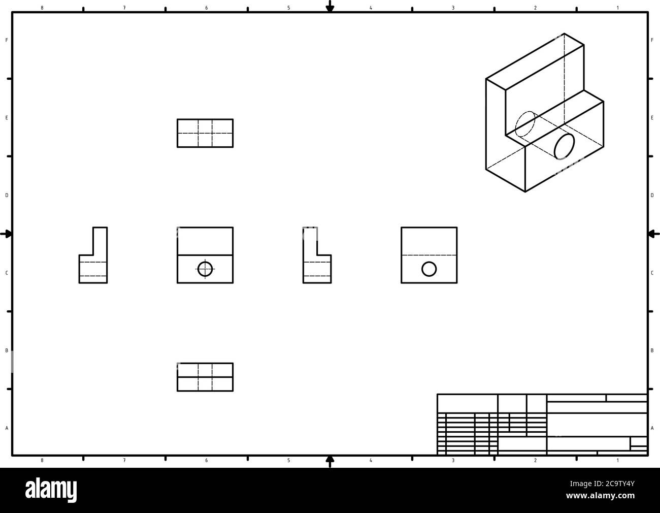 Technical Drawing with perspective and orthogonal views with stamp Stock Vector