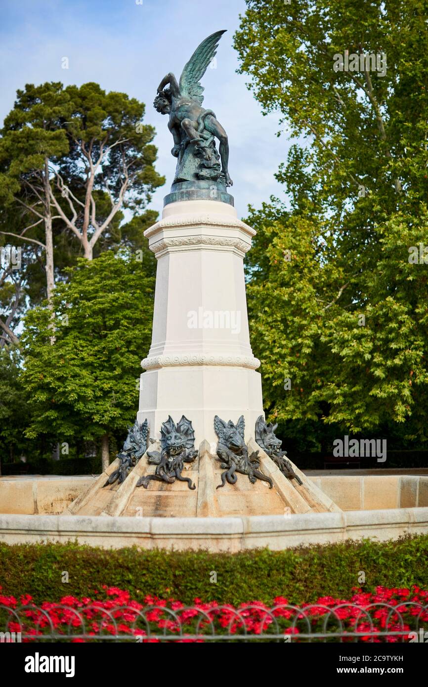 Madrid, Spain June 16, 2020 Fallen Angel statue in the Retiro park