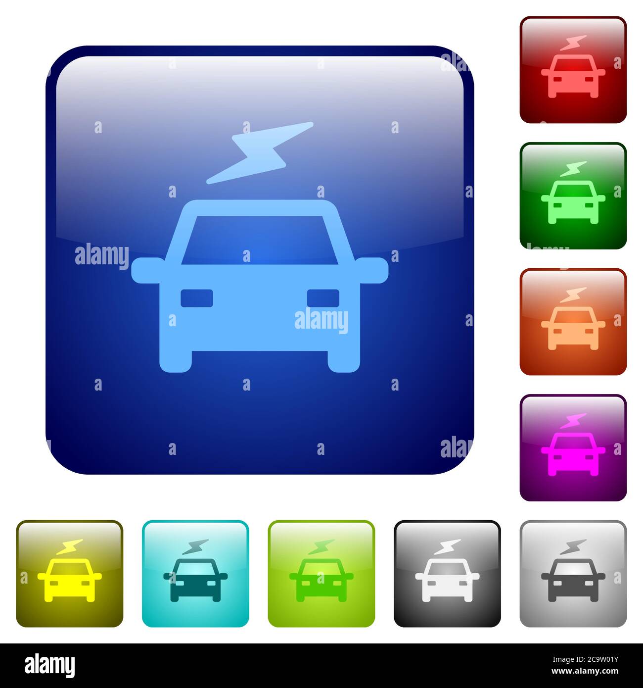 Electric car with flash icons in rounded square color glossy button set ...