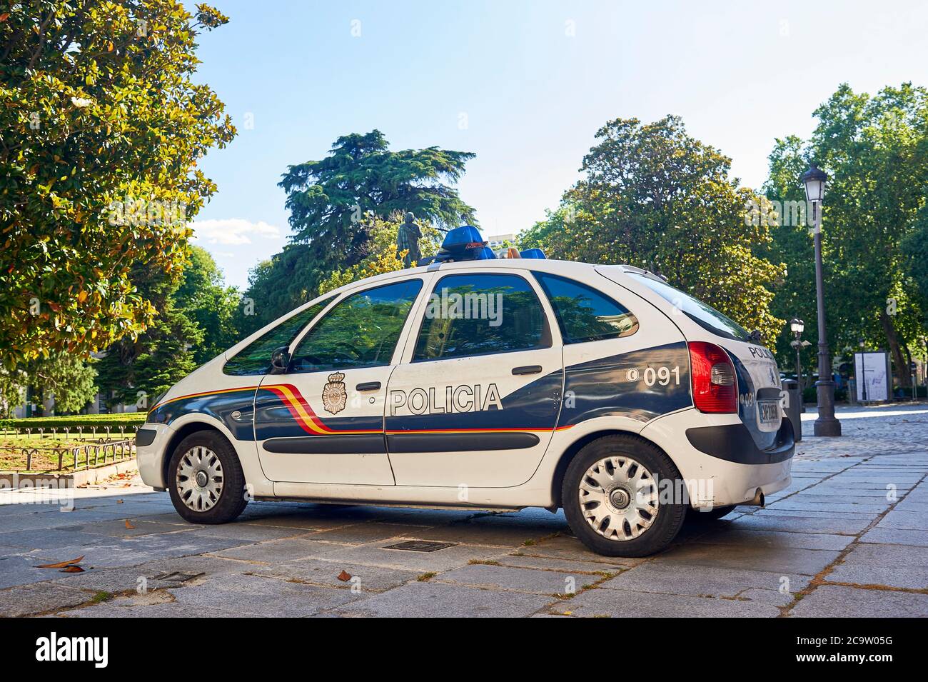 Madrid, Spain - June 6, 2020: Spanish police car on a spring afternoon parked outside the Prado Museum in Madrid. Stock Photo