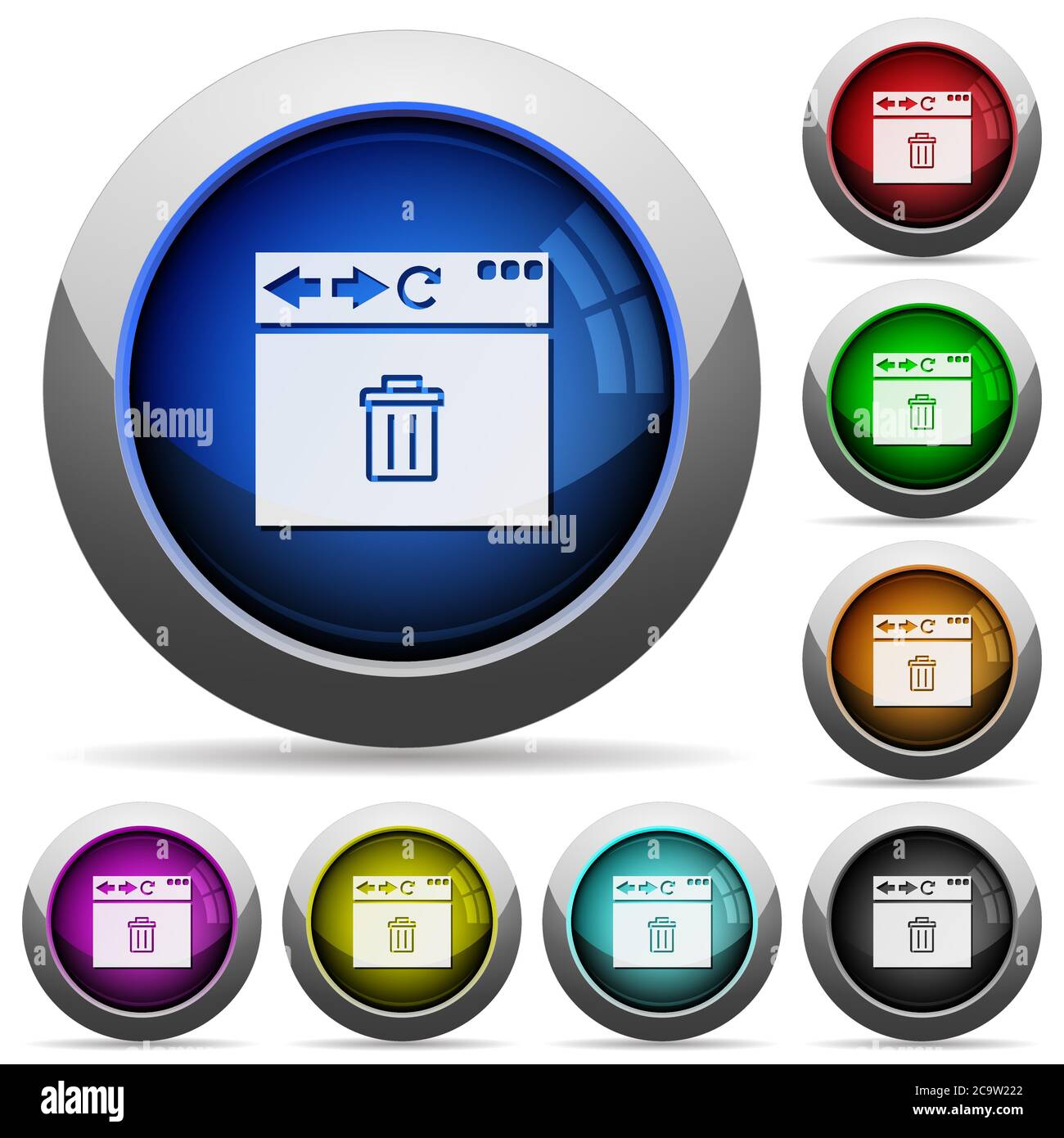 Browser delete icons in round glossy buttons with steel frames Stock Vector