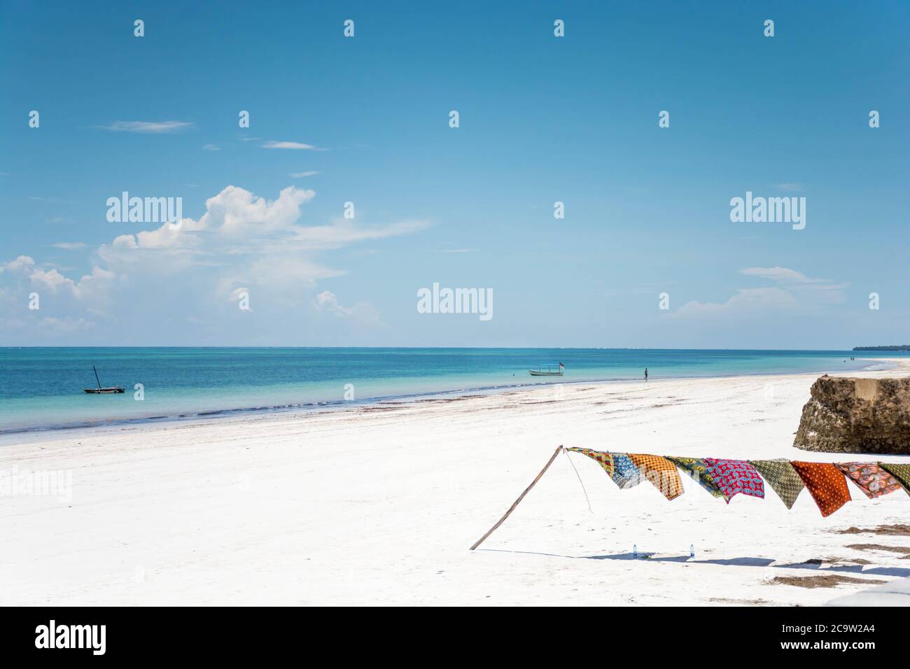 Dangling pareos at the galu beach in Kenya. Beautiful view on ocean. Stock Photo