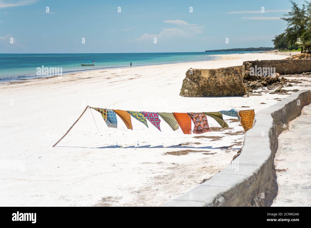 Dangling pareos at the galu beach in Kenya. Beautiful view on ocean. Stock Photo