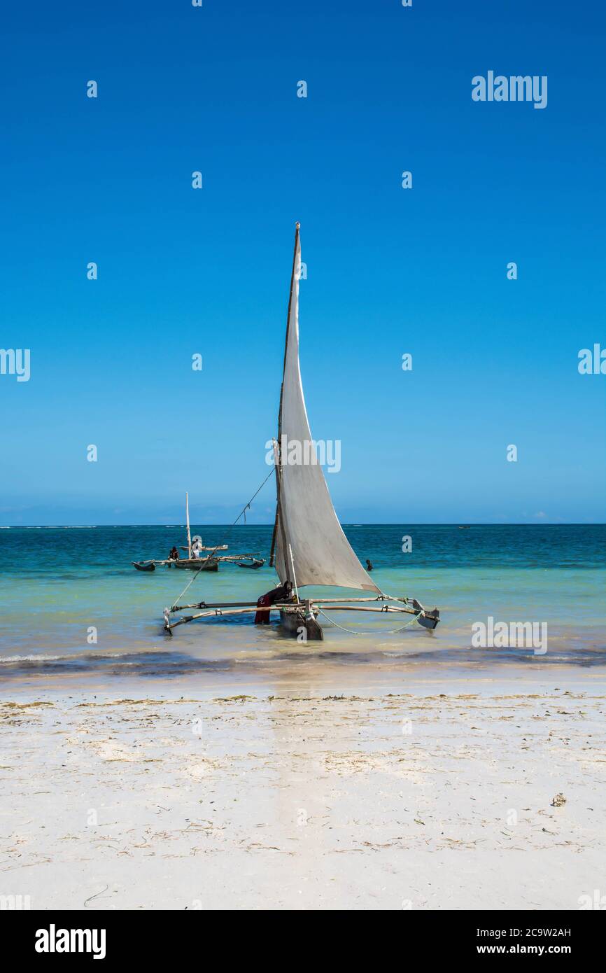 Sailboat at the diani beach in Kenya. Beautiful view on ocean. Stock Photo