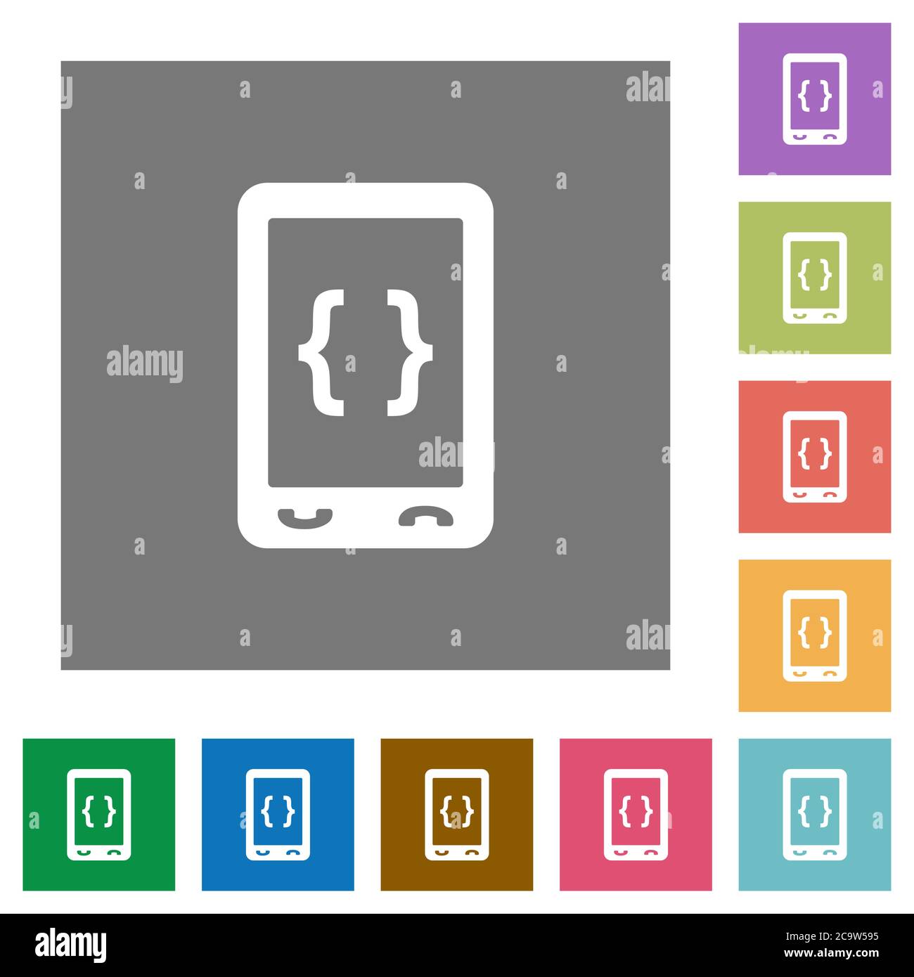 Mobile software development flat icons on simple color square backgrounds Stock Vector