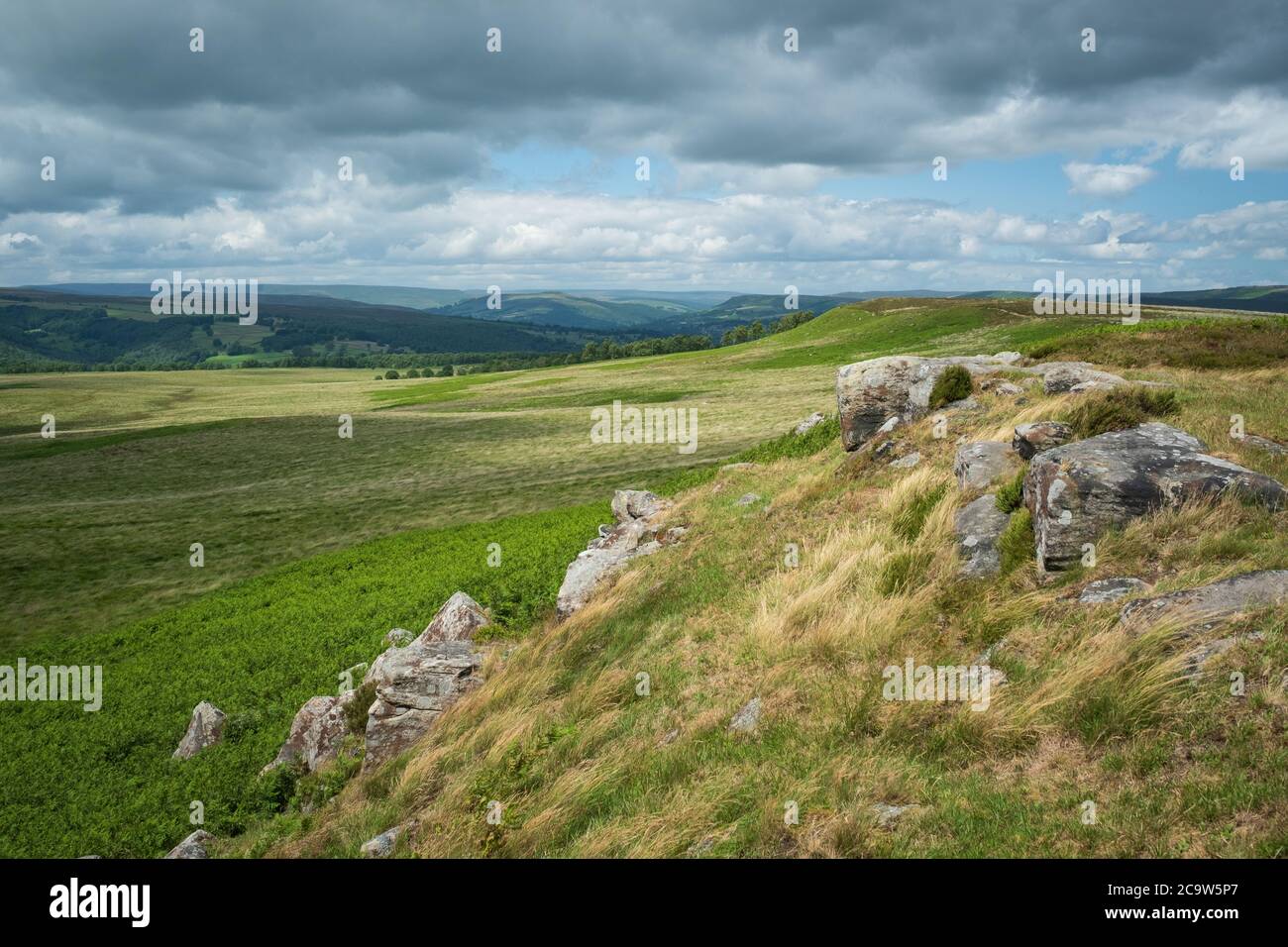 View across Stoke Flat to Hope Valley from White Edge, Peak District,. UK Stock Photo