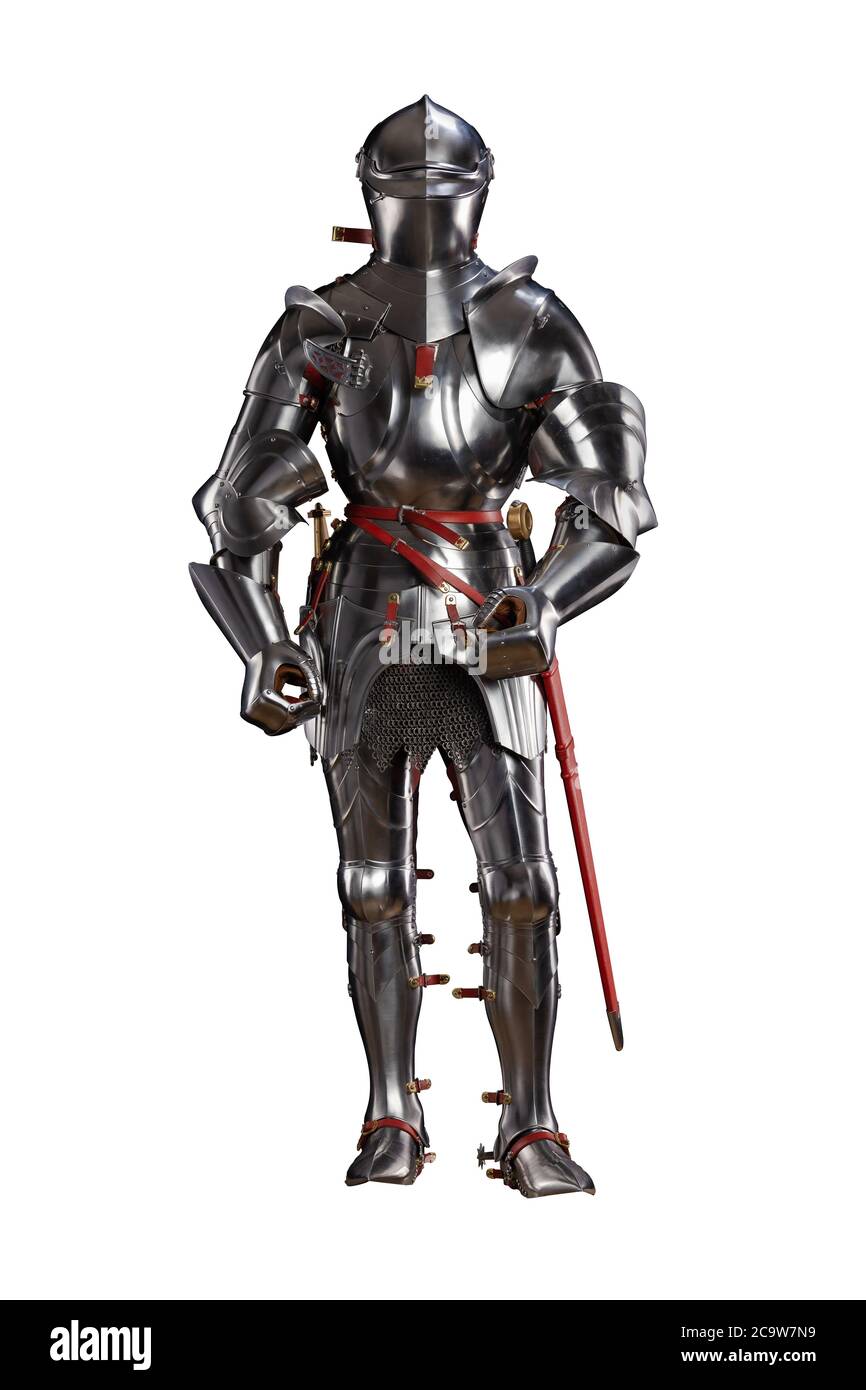 Mannequin man with a beard in a helmet and armor of a knight posing on a black background Stock Photo