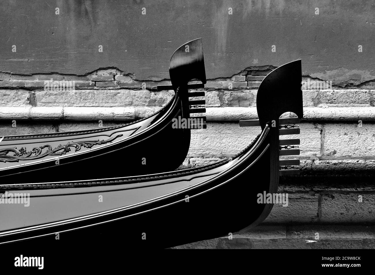 Black And White Image Of Gondolas At Moorings Venice Stock Photo
