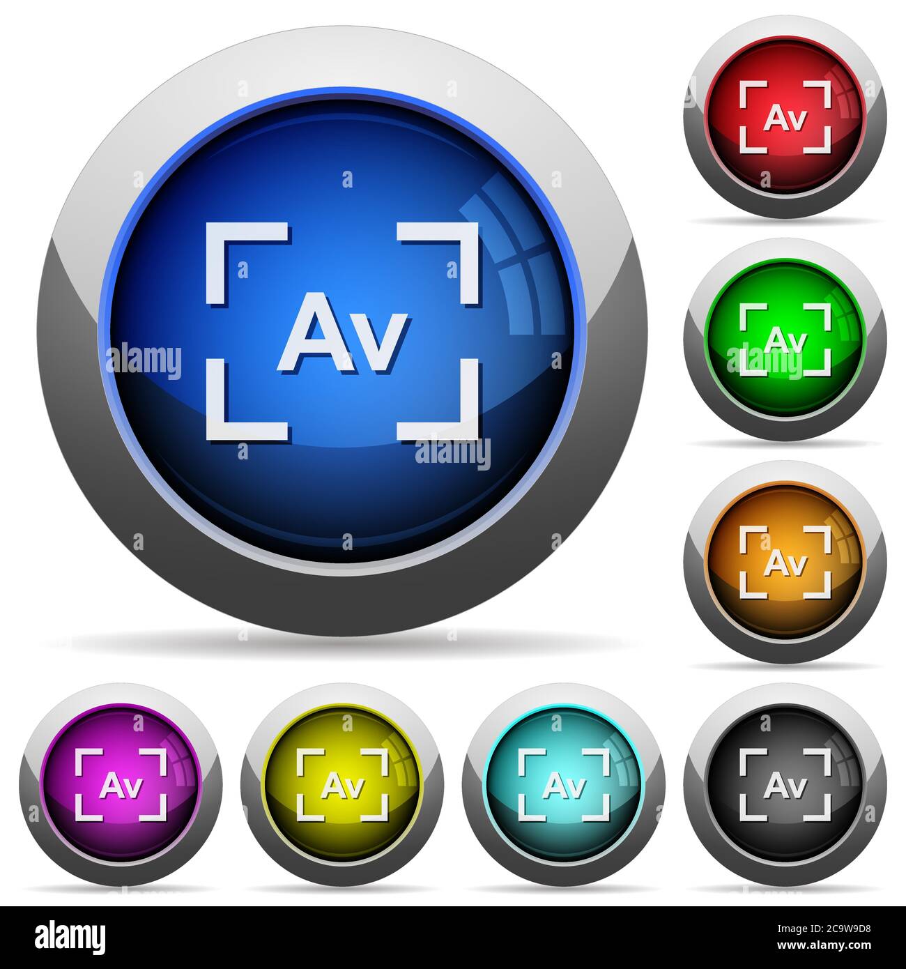 Camera aperture value mode icons in round glossy buttons with steel frames Stock Vector