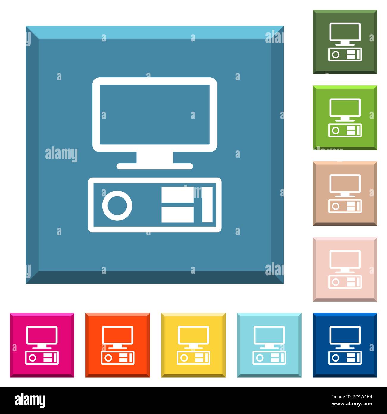 Old personal computer white icons on edged square buttons in various ...