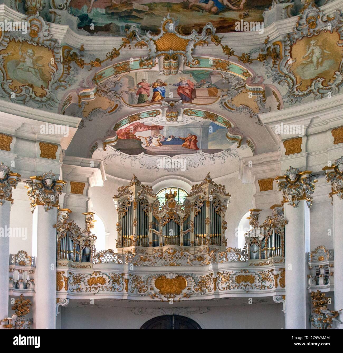 A marvel of baroque detail, the artistry of the Wieskirche Pilgrimage Church near Steingaden was executed in the mid-1700s by architect Dominikus Zimm Stock Photo