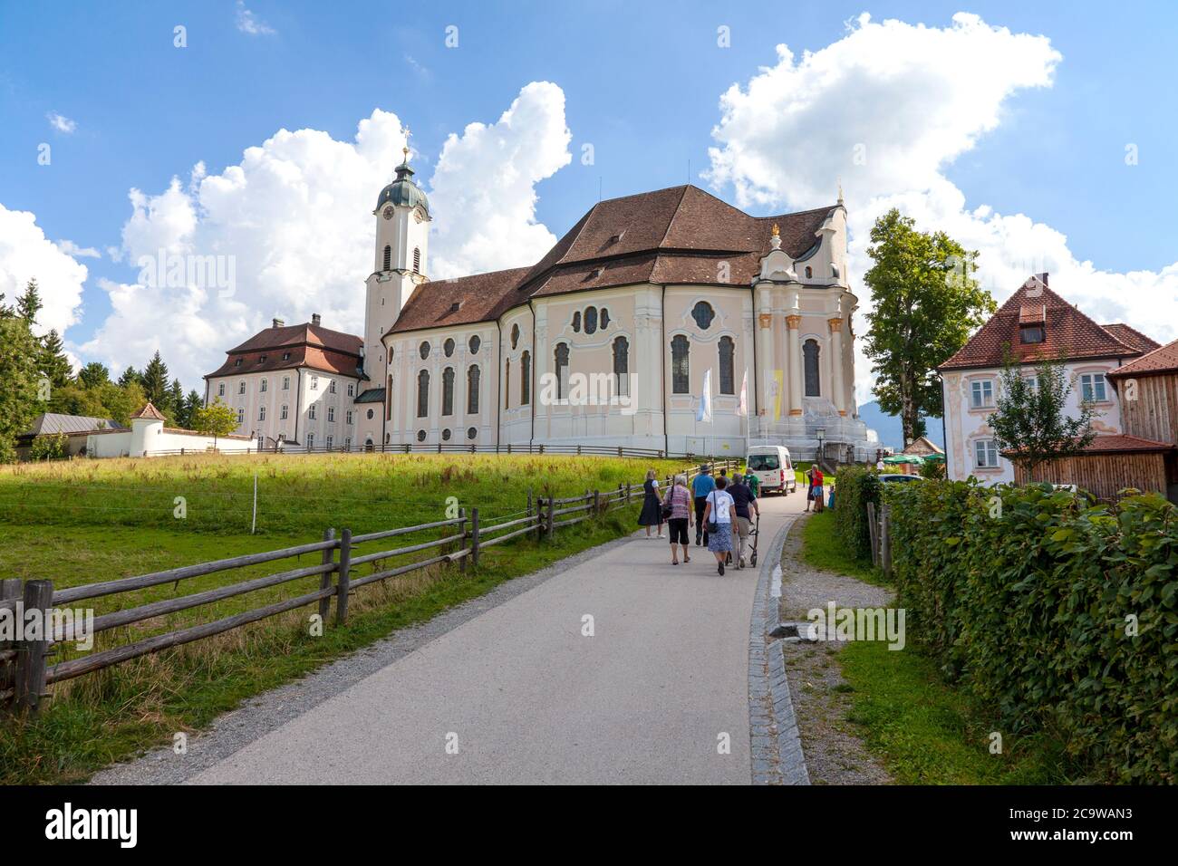 Exterior of  Wieskirche, a pilgrimage site near Steingaden, Bavaria.  Also known as the Pilgrimage Church to Our Tortured Savior on the Meadow. it's k Stock Photo
