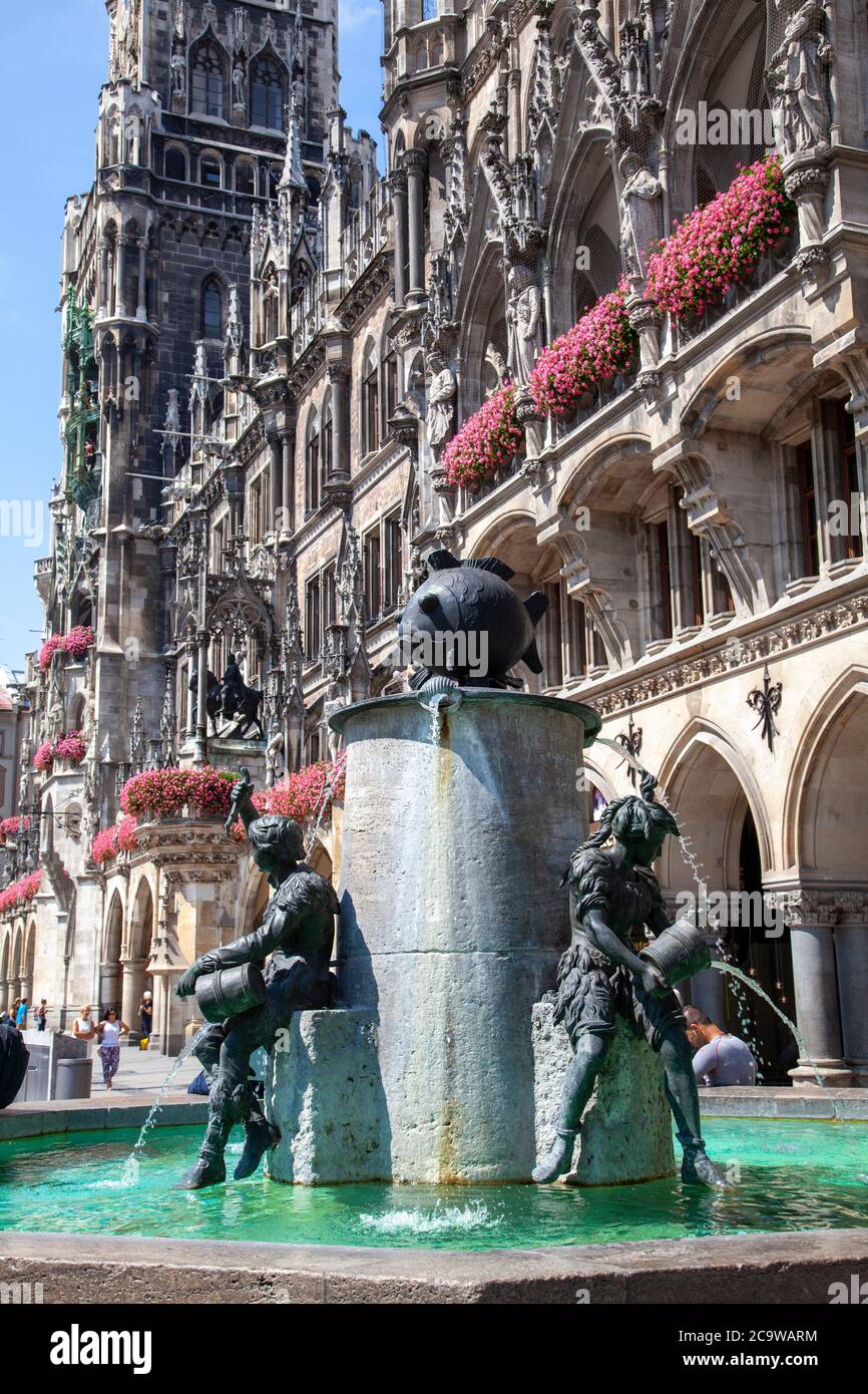 The Fischbrunnen (Fish's Fountain) is a fountain in the Marienplatz center of Munich, whose history can be traced back to the Middle Ages. Stock Photo