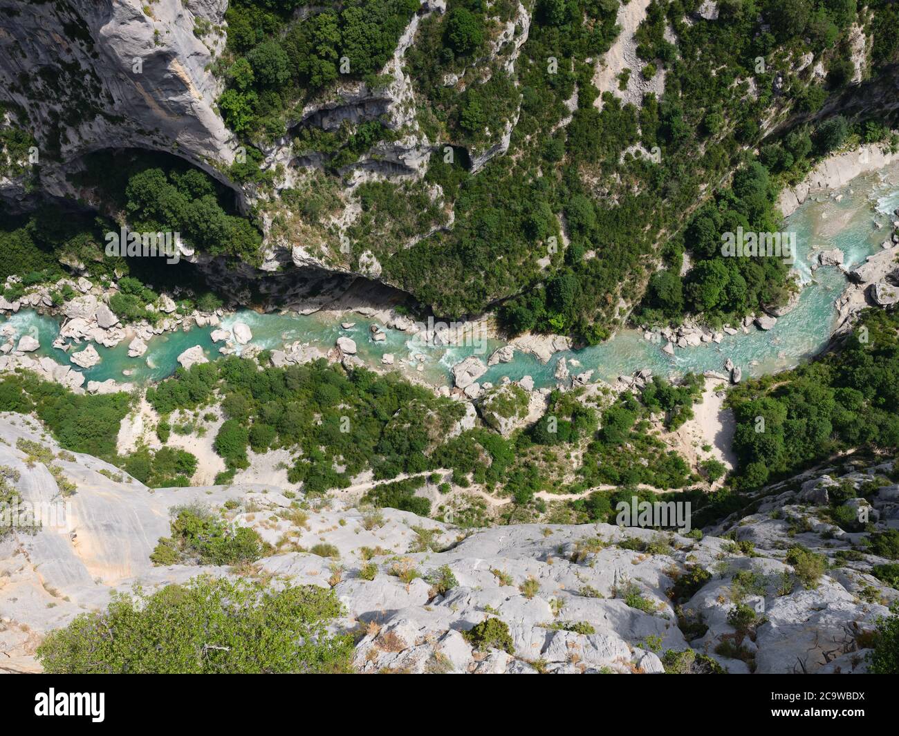 AERIAL VIEW with a 6-meter mast held horizontally to remove unwanted foreground. The Verdon River in the Couloir Samson. La Palud-sur-Verdon, France. Stock Photo